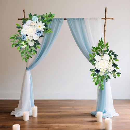 Artificial Wedding Arch Flowers (Pack of 2), White Wedding Flowers for Wedding Welcome Ceremony Sign, Faux Floral Swags, Banquet and Reception Backdrop Floral Decoration (White & Blue) - color: White & Blue
