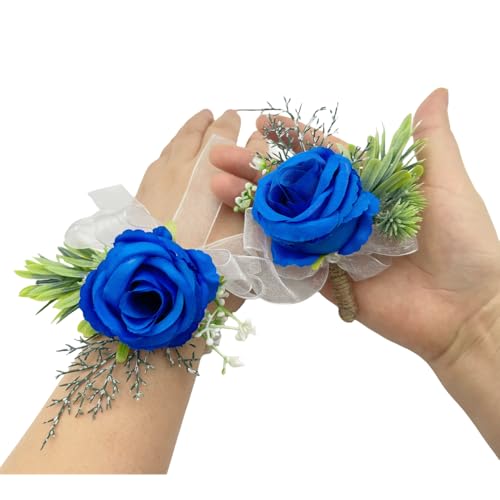 Rose Wrist Corsage Wristlet Band and Men Boutonniere Set, Corsage for Prom, Bride Hand Flower, Wedding Flowers Ceremony, Wedding Party Prom Decor, Handmade Petals Hair Hat Wreath, Royal Blue, 2 Pack - color: Royal Blue