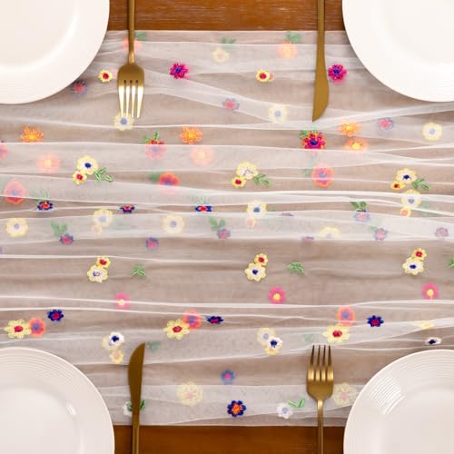Socomi Flower Table Runner Summer Daisy Floral Tulle Gauze Cheesecloth Embroidery Table Runners for Tea Party Garden Wedding Bridal Baby Shower Birthday Picnic Decor Ivory 1pc - color: Daisy Ivory, size: 10ft X 1pc
