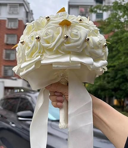 Handmade Wedding Bouquet Artificial PE Rose Bridal Bridesmaid Bouquet with Soft Ribbons Wedding Hand Holding Bouquet Artificial Fake Flowers Toss Bouquet(A-Ivory, 9.1"/23cm) - color: A-ivory, size: 9.1"/23cm