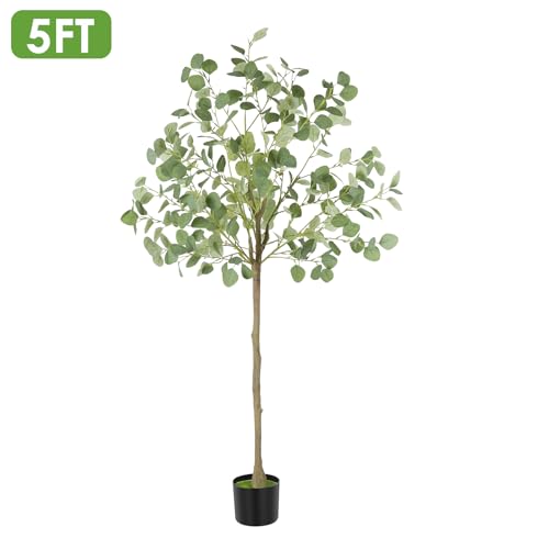 Artificial Eucalyptus Tree,5Ft Tall Fake Potted Tree Silk Faux Eucalyptus Tree with Plastic Nursery Pot, Artificial Plants for Home Office Indoor Decor - size: 5ft