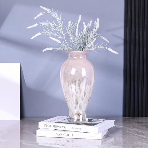 11.8" Tall Pink White Blown Glass Vase, Colorful Opaque Glass Vase, Unique Design Wide Mouth Art Decoration for Home, Living Room, Dining Table, Pampas Grass Decor (Pink White) - color: Pink White
