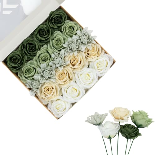 FANKO Artificial Flowers for DIY, Green White Cream Faux Flowers Bouquet, Fake Rose Silk Flowers for Vase, Home Decor, Garlands, Greenery-Themed Wedding, Party, Housewarming - color: Green & Gray