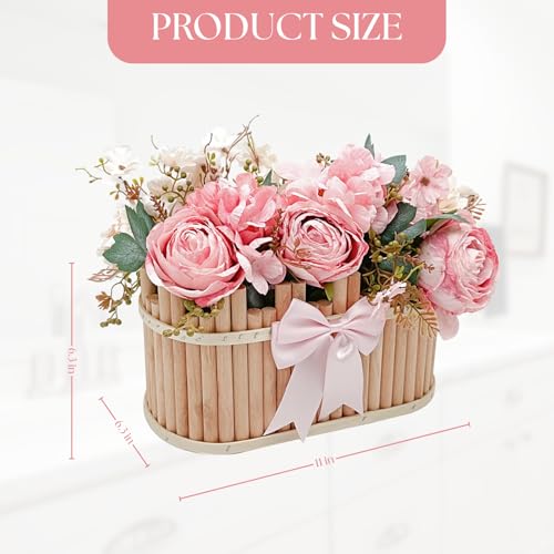 Dining Table Centerpiece Decor - Pre-Made Artificial Flower Arrangement Fake Floral with Wooden Vase for Farmhouse Kitchen Bathroom Living Room Decorations (Double Pink) - color: Double Pink