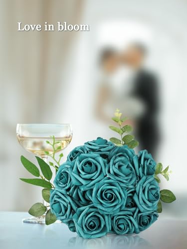 MACTING Artificial Rose Flowers 30PCS Real Touch Fake Flowers with Stem Foam Roses for DIY Wedding Bouquets Table Centerpieces Floral Arrangements Party Home Spring Valentines Day Decor,Peacock Green - color: Peacock Green, size: 30PCS