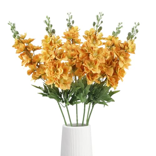 IPOPU 6PCS Orange Delphinium Silk Flowers 28.74'' Faux Larkspur Flowers Artificial Delphinium Stems Bulk for Wedding Garden Home Floral Arrangement Centerpiece (Orange) - color: Orange