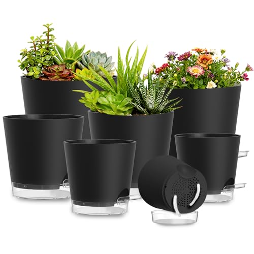 Plant Pots 4/5/5.5/6/6.5/7/8 Inch Self Watering Pots, 7 Pack Plastic Planters with Drainage Holes and Clear Saucers,Plastic Flower Pots,Nursery Planting Pot for Indoor Out Door Plants(Black) - color: Black, size: 4/5/5.5/6/6.5/7/8 inch