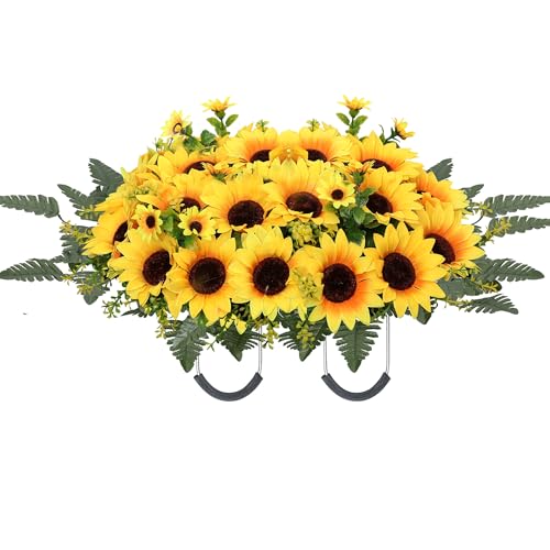 Lodou Artificial Cemetery Flowers for Grave,Headstone Flower Saddle Silk Sunflowers Grave Flowers for Cemetery Memorial for Outdoor Gravesite Decoration (Yellow) - color: Yellow