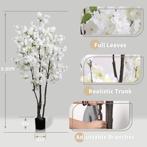 Artificial White Cherry Blossom Tree 6ft(72in) Faux Floor Green Plant for Indoor Decor Natural Potted Tree Realistic Cherry Flowers Wood Trunk for Home Living Room,Office Perfect Housewarming Gift - color: Cherry Blossom(white 10), size: 6ft
