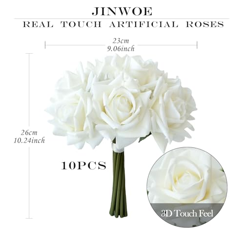 JINWOE White Flowers Roses Artificial Flowers, 10pcs Soft Real Touch Silk Artificial Roses Stems, Lifelike Faux Rose for Wedding Table Centerpieces Party Home Decoration - color: White