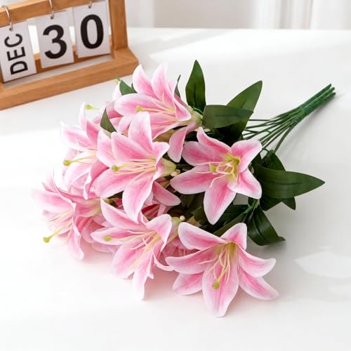 ZeKonan 10 Pcs Artificial Lily Flowers Faux Fake Pink Silk Lilies Bouquets | Home Kitchen Wedding Party Decor, Table Centerpieces Decoration, Flower Arrangement Decor, 14in - color: 10 Pcs Pink