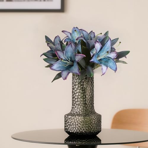 Blue Silk Flowers Fake Lillies 6PCS Vintage Lily Flowers Artificial Fake Blue Flowers Floral Arrangements Wedding Bouquet Party Eater Home Table Decor - color: 6pcs-blue
