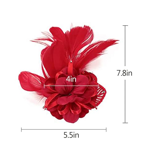 Song Qing Women's Fascinator Feather Flower Pin Brooch Corsage Bridal Hairband Derby Hat Cocktail Party Wedding - color: A3 Red
