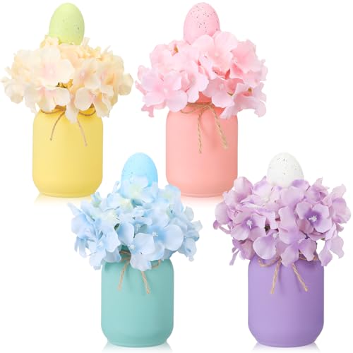 Norme 16 Pcs Easter Table Centerpieces Decorations Include 4 Artificial Flowers 4 Vases 8 Easter Eggs with 20 Bamboo Skewers, Egg Hydrangea Flowers with Vase, Spring Flower Arrangement for Home Decor