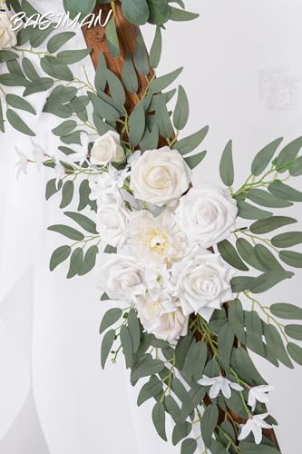 Arch Flowers with Drapes Kit (Pack of 3) for Wedding Ceremony Arbor and Reception Backdrop Decoration Wedding Welcome Signs Floral Birthday Party Decoration - color: White & Beige