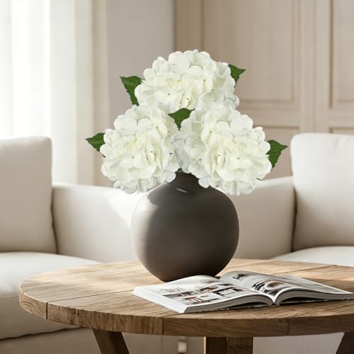 Hollyone 3Pcs White Hydrangea Artificial Flowers Real Touch Faux Silk Hydrangeas Flowers with Stem Fake Florals Flower for Home Wedding Table Centerpiece Vase Arrangements Decoration - color: White