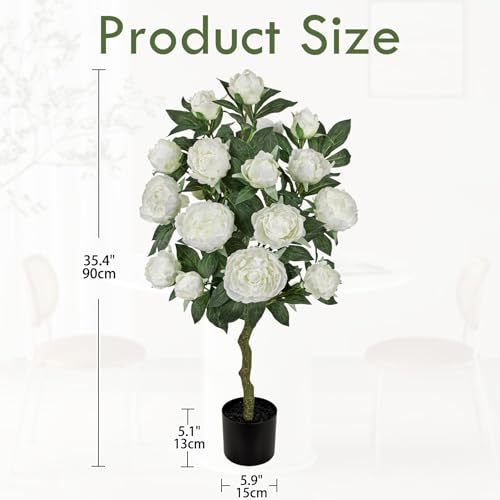 Hollyone White Fake Peonies Tree 3FT Peonies Artificial Flowers Tree in Pot Faux Peony Plants & Flowers in Planter Greenery Potted Plant Indoor Outdoor Front Door Porch Home Decor - color: 3ft - White