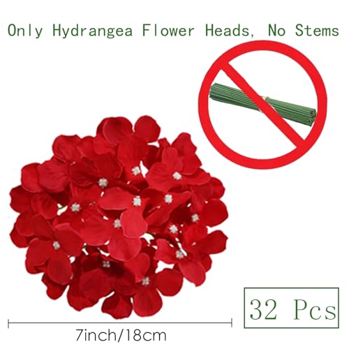 HinyoCo 32 Pcs Silk Hydrangea Artificial Flowers Hydrangea Heads No Stems, Used for Home Wedding Party Decoration (Red) - color: Red