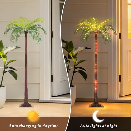 Solar Palm Tree Lights for Patio Outdoor Decoration，4.6FT Artificial Palm Tree with 110 LED Lights for Pool Tiki Bar Garden, Palm Trees with Light Up Plastic TreeTrunk and Rechargeable Remote Control