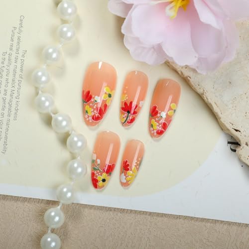 Spring Press on Nails Short Almond Fake Nails Press ons Nail Tips Kit YEFIUO Flower French False Nails Artificial Acrylic Glue on Nails Winter Floral Glossy Stick on Nails for Women Manicure 24Pcs