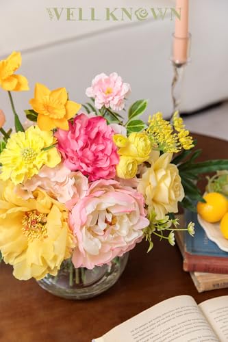 WELL KNOWN Artificial Flowers Centerpieces in Glass Vase with Fake Water, Yellow & Hot Pink Silk Rose Peony & Fake Tulips Bouquet for Birthday Party Wedding Dining Table Office Decor & Mom's Gift - color: Yellow & Hot Pink Plus