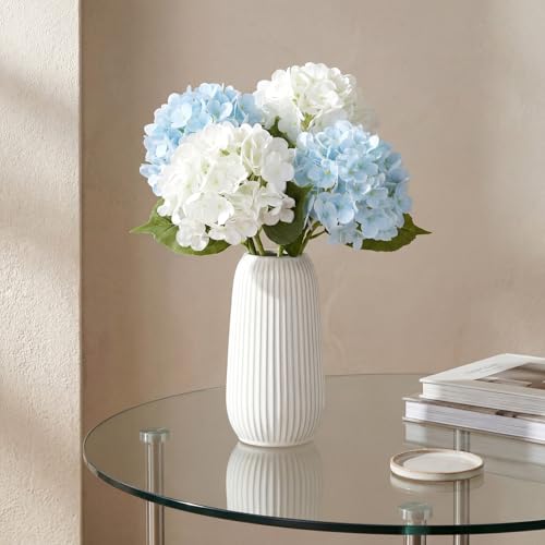 XunYee 4 Pcs Hydrangea Artificial Flowers 20 Inch Blue and White Faux Hydrangea Flowers with Long Stem Realistic Fake Hydrangeas Arrangements Wedding Bouquet Table Centerpieces Home Indoor Decor - color: White, Blue