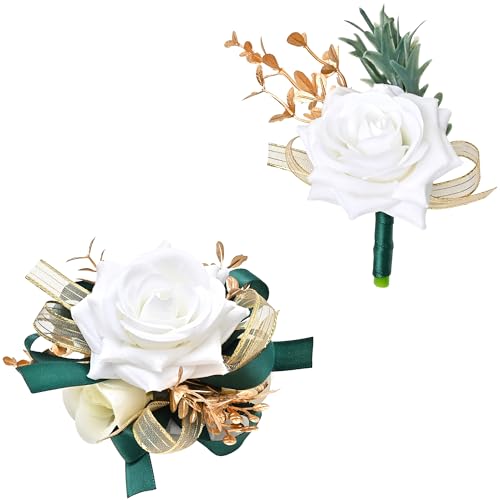Ivory Rose Wrist Corsage Wristlet Band Bracelet and Men Boutonniere Set with Dark Green Ribbin for White Wedding Flower Accessories Prom Suit Decorations