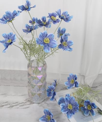 Blue Cosmos Artificial Flowers 5Pcs 22 in Silk Faux Daisies Wild Flowers with Long Stems for Vase Decor Wedding Party Aisle Home Bathroom Patio Table Centerpiece Arrangement(Blue) - color: Blue