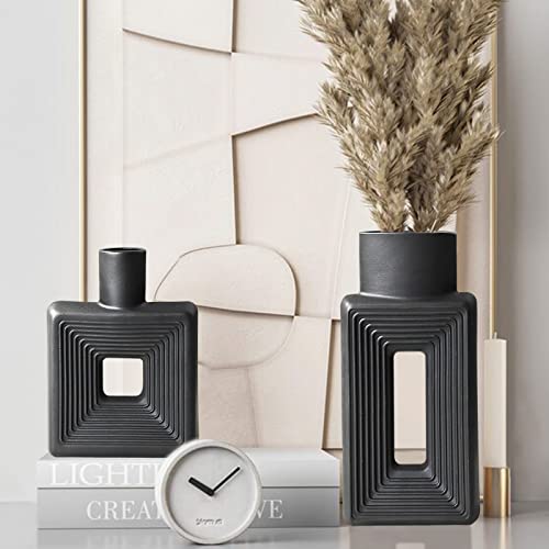 Black Ceramic Vase Set of 2，Square Vase Rustic Home Decor Minimalist Nordic Boho Style for Living Room, Shelf, Table, Bookshelf, Mantel and Entryway Decor Vases - color: Square Black