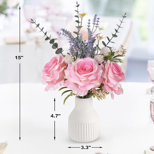 Artificial Flowers in Vase, Silk Roses Flowers Artificial Eucalyptus Lavenders Small Daisies and Fake Plants in White Ceramic Vase, Faux Flowers for Coffee Table Décor, Spring Decorations for Home - color: Blush