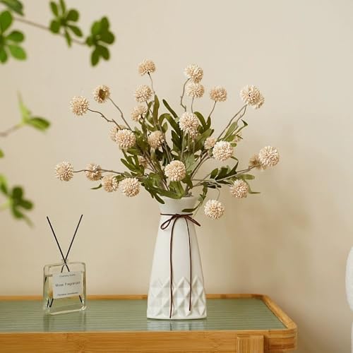 6pcs Pompon Mum Artificial Flower, Faux Silk Mini Chrysanthemum with Stems, for DIY Bouquet Centerpieces Office Wedding Decoration (Beige) - color: Beige