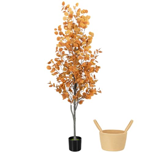 6FT Fall Artificial Eucalyptus Tree with Wicker Basket, Orange Potted Faux Eucalyptus Trees, Autumn Fake Eucalyptus Plants, Lifelike Leaves & Natural Trunk for Home Office Bedroom, Indoor - color: Eucalyptus Orange (Basket), size: 6ft