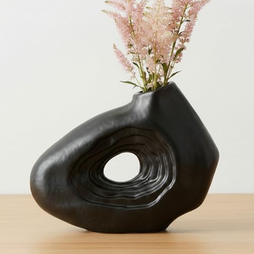 Sunddo 7 Inch Black Ceramic Vase for Modern Home Decor - Donut Vases, Small Boho Style Decorative Vase for Flowers, Bathroom, Wedding, Bedroom, Dining Table, Shelf Centerpiece - color: Black, size: 7 inch