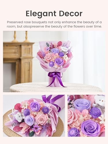 Polylove Preserved Flowers for Delivery Prime Forever Flowers Bouquet with Bear Flower Gift for Wife Women Birthday