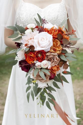 10 Inch Terracotta Wedding Bouquets for Bride Artificial Roses Flower Cascading Cascade Bridal Bouquet for Rustic Boho Fall Vintage Wedding Ceremony Party and Anniversary - color: Terracotta