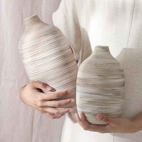 ALMA 9 Inch White Boho Vase for Modern Farmhouse|Ceramic Pampas Grass Vases|Decorative Rustic Vase for Home Decor, Modern Farmhouse, Coffee Table, Shelf, Mantel Decor - color: Oval-white-9''