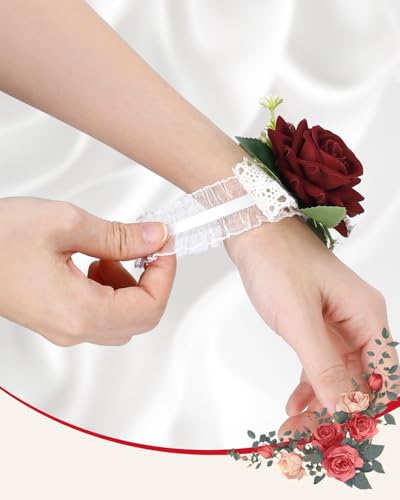 eZAKKA Red Rose Corsage and Boutonniere Set with Elastic Wristlet, Handmade Artificial Flower Wrist Corsage for Prom Wedding Homecoming Accessories, 2Pcs Suit Decoration (Red & White) - color: Red-white