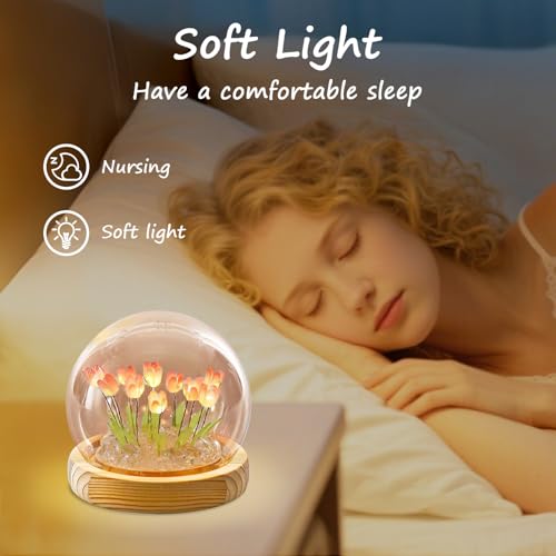 Lifnatty Tulips Lamp Gifts for Women, Tulips Artificial Flowers Night Light, Light Up Pink Tulip in Glass Dome for Bedroom, Unique Birthday Gifts for Women, Mom, Sister, Friends, Cute Home Decor