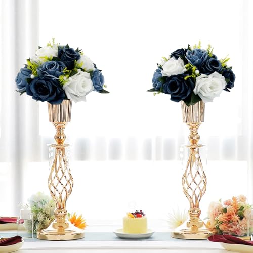 10Pcs Fake Flower Ball Arrangement Bouquet, 9.5" 15 Heads Plastic Roses with Base,Suitable for Parties Valentine's Day Wedding Centerpiece Flower Rack and Home Décor (Dusty Blue & White) - color: Dusty Blue & White