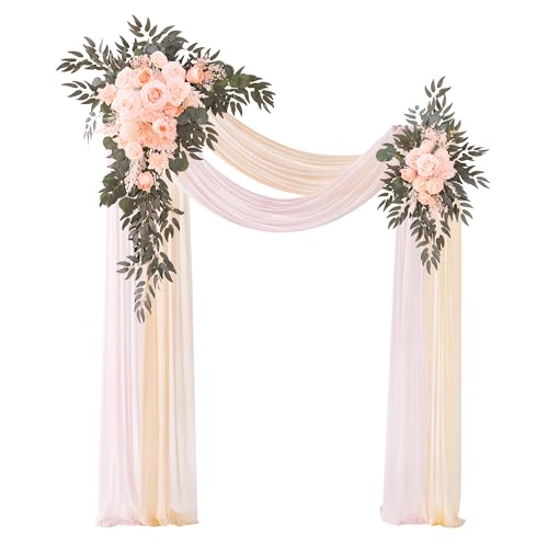 Deluxe Wedding Arch Flowers with Drapes Kit Pack of 4, 2pcs Babypink Sage Hanging Silk Flowers Arrangement 2pcs Chiffon Drapes for Ceremony Arbor Party Outdoor Decor - color: Babypink & Champagne