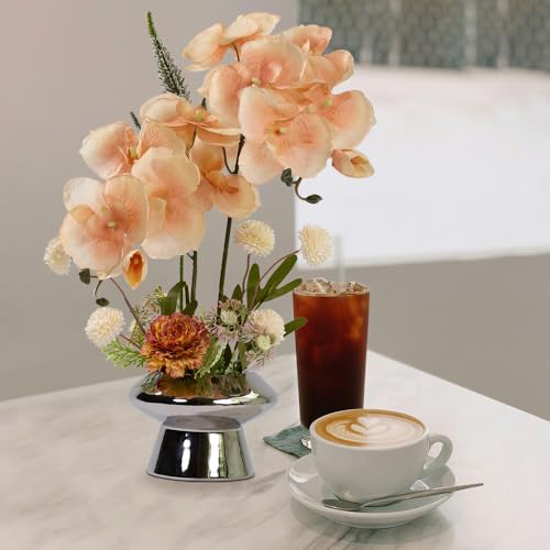LESING Orchids Flowers Arrangement in Pot,Fake Silk Orchid Artificial Flower with Ceramic Vase Faux Orchid Flower Bonsai Vivid Phalaenopsis Flowers Potting Decoration (Silver Vase,Light Coffee) - color: Silver Vase,light Coffee