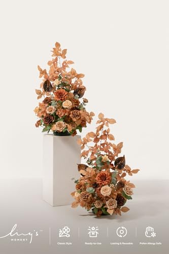 Ling's moment 36" Tall Fall Free Standing Artificial Flowers Arrangement 2pcs Wedding Aisle Runner Chair Decoration Fake Walnut Brown & Golden Glove for Arch Entryway Ceremony Reception Floral Party - color: Br-walnut Brown & Golden Glove