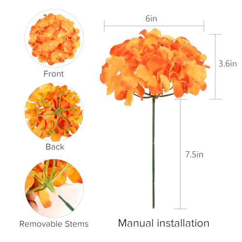 Auihiay 64 PCS Orange Hydrangea Flowers, Silk Hydrangea Artificial Flowers Heads with Stems, Artificial Hydrangea Flowers for Wedding Centerpieces, Home, Garden, Baby Shower Decoration - color: Orange