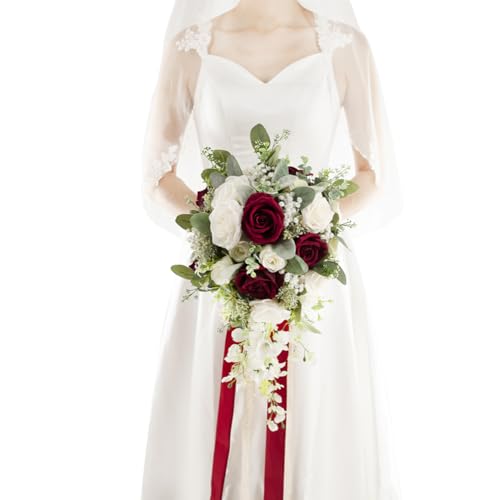 12 Inch Cascade Wedding Bouquets for Bride, Burgundy & White Cascading Bridal Bouquet for Wedding Silk Artificial Flowers - color: Burgundy & White
