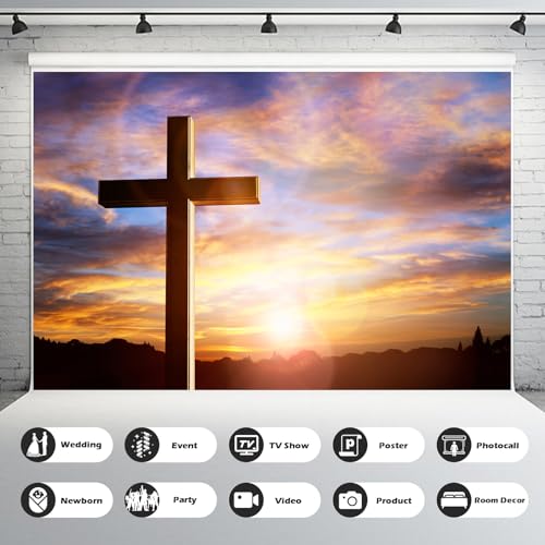 Jesus Christ Cross Backdrop Crosses On Mountain Sunrise Sunset Photography Background Crucifixion Church Event Background Sepulcher Lord Pray Christian Backdrop Easter Religious Belief Props 5x3ft - color: Orange_Blue, size: 5x3ft