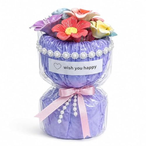 Porcelain Flower Bouquet - Handmade Ceramic Flowers Floral Arrangement, 6 Unique Blossoms, 6 inches Height, Shelf Living Room Decor, Ideal Gift for Mother’s Day, Birthdayr (Blue-Rose) - color: Blue-rose