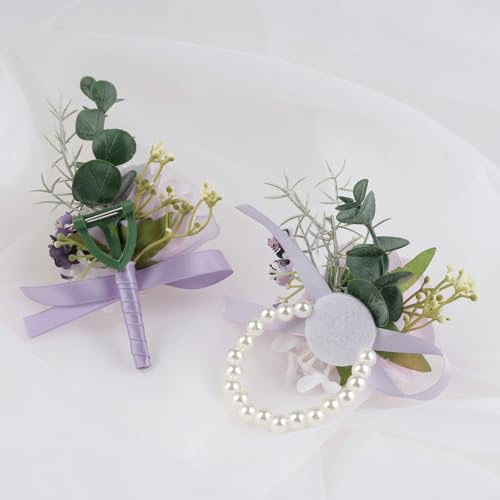 Alizeal 2Pcs of Wrist Corsage and Boutonniere Set, Artificial Flowers Accessories Suit Decor for Wedding Prom Party Homecoming Ceremony, Lavender - color: Lavender