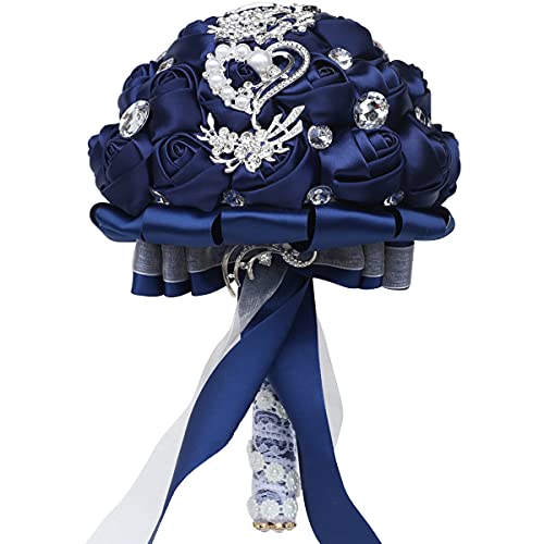 Wedding Bouquets Crystal Satin Rose Bride Bridal Bouquet Romantic Bridesmaid Holding Flower for Valentine's Day Confession Party Church Decor (Navy) - color: Navy