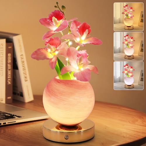 Flower Table Lamp, 3 Colors Orchid Night Light, Cordless Touch Dimming Artificial Flower with Vase Lamp, LED Bedside Night Light Romantic Gifts for Girl Women Mom (Pink Orchid) - color: Pink Orchid