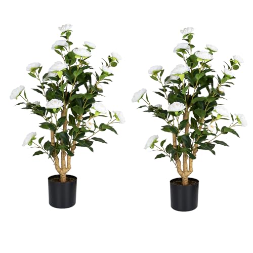Romantic Season 2Pack Artificial Camellia Tree 3FT, White Faux Camellia Plant Fake Potted Camellia Flower Tree Plastic Camellia Tree for Modern Home Office Living Room Floor Décor Indoor - color: White, size: 3FT